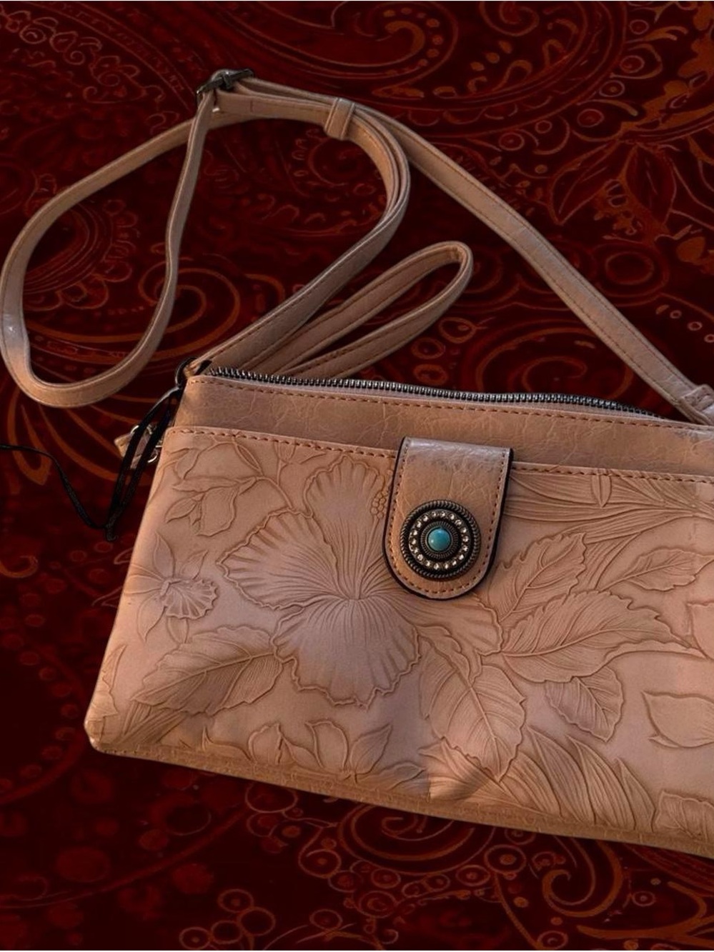Floral Embossed Tan Shoulder Bag with Turquoise Detail